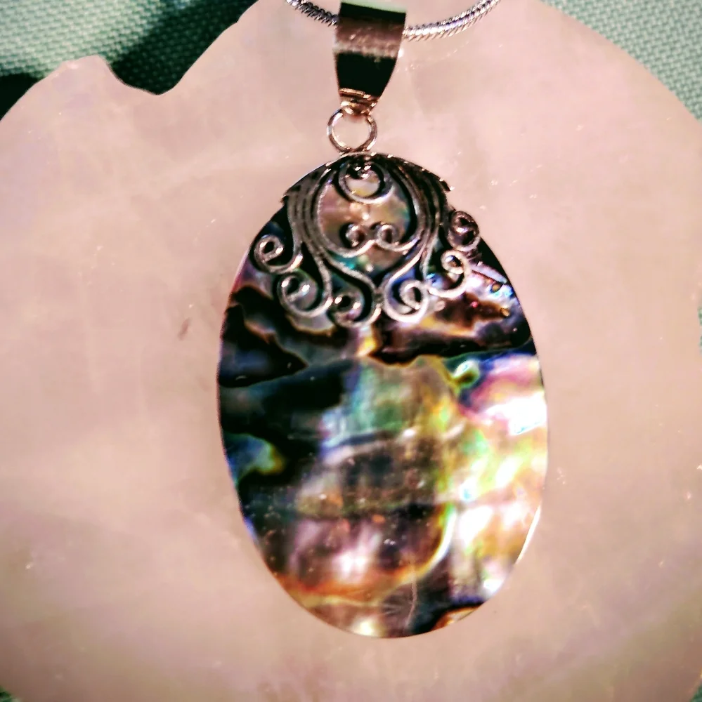 MOTHER/DAUGHTER SET ABALONE STERLING PENDANT. 2- NECKLACE $42./16 & 18 INCH. CH